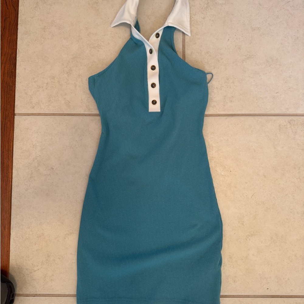 Teal Sleeveless Dress with White Collar
